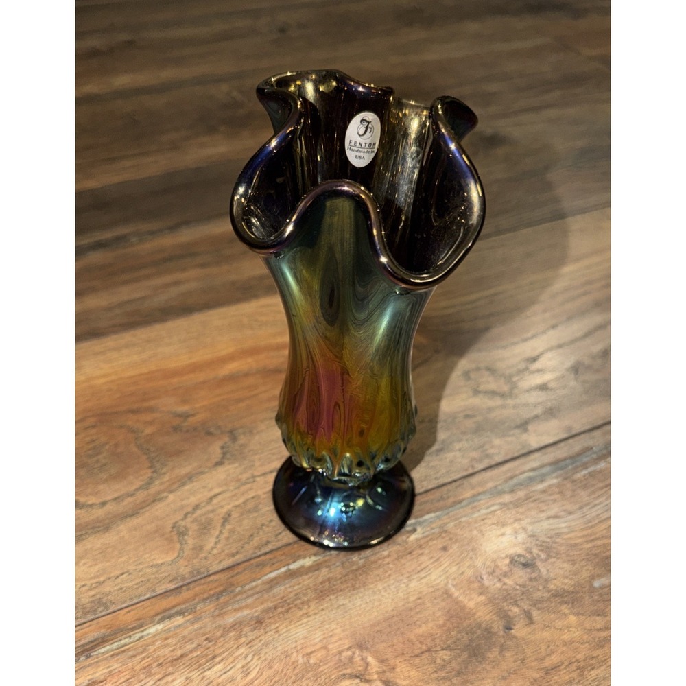Vintage Fenton with Sticker Carnival Glass Retired Iridescent Vase